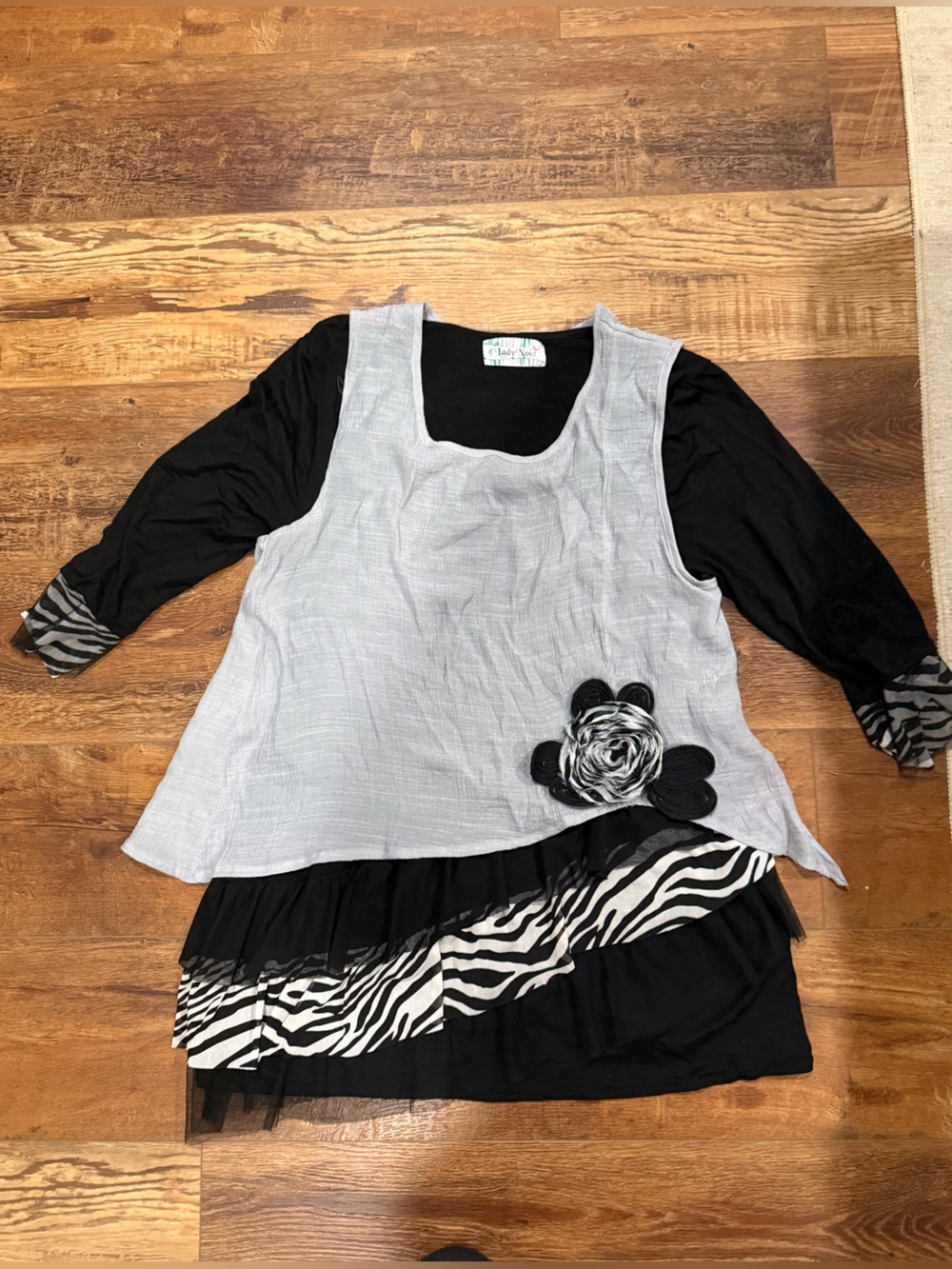 Lady Noiz Black and Light Gray Layered Top with Zebra Accent
